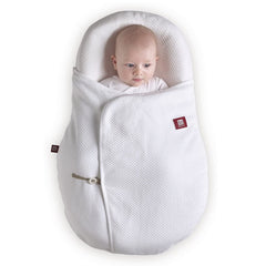 Red Castle Cocoonababy® & 1.0Tog Cocoonacover™ Bundle (White) - showing a baby on the support nest being snuggled by the cocoonacover