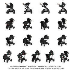 Ickle Bubba VIRGO Twin Pram Pushchair Bundle - Black, showing the 17 configurations available