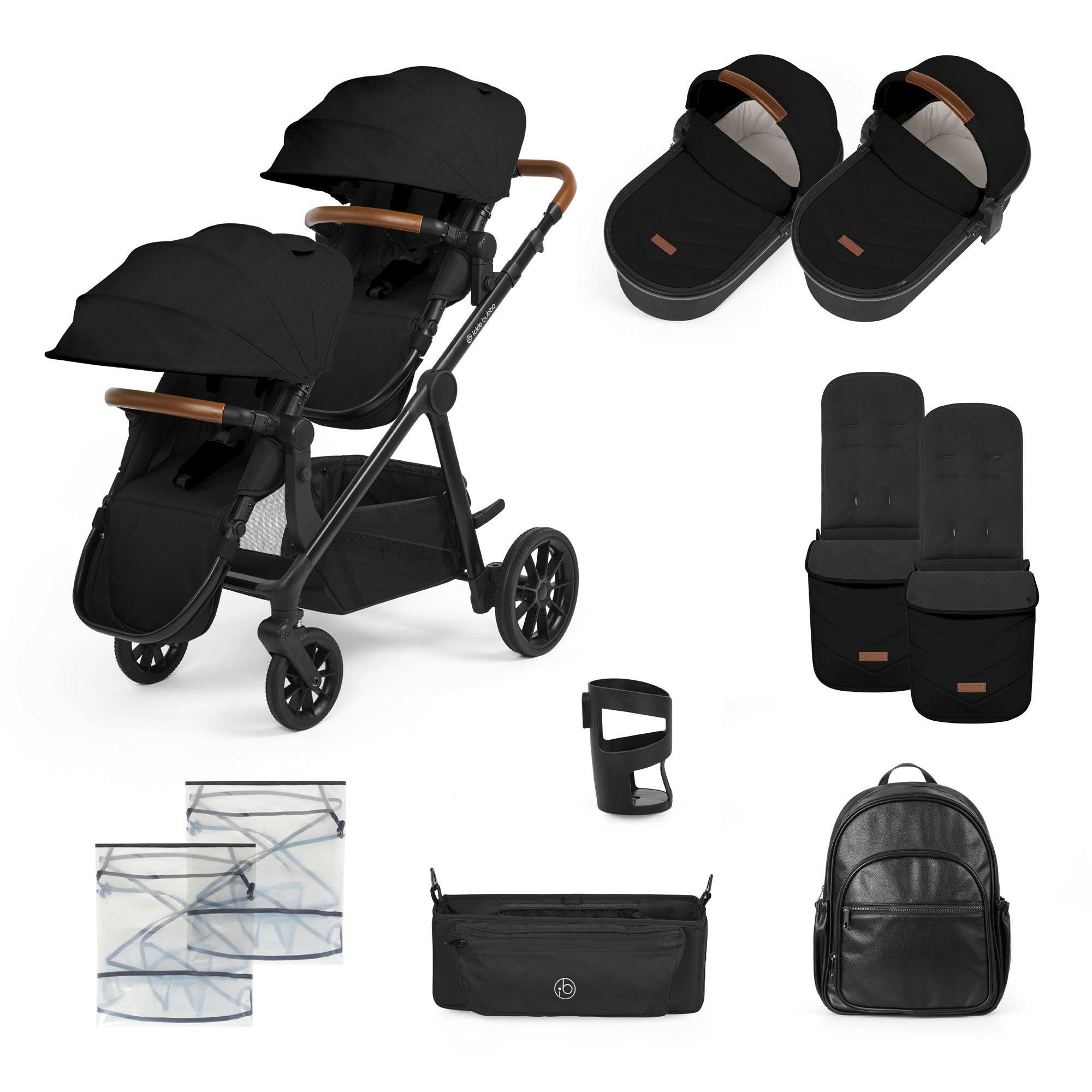 Ickle Bubba VIRGO Twin Pram Pushchair Bundle - Black, showing the items included in this bundle