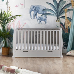 Obaby Stamford Sleigh Cot Bed with Drawer (Warm Grey) - lifestyle image (mattress, bedding and accessories not included)