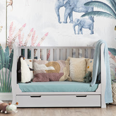 Obaby Stamford MINI Sleigh Cot Bed with Drawer (Warm Grey) - lifestyle image of the sofa bed (mattress, bedding and toys not included)