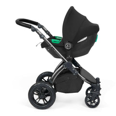 Ickle Bubba Stomp LUXE Travel System with Cirrus Car Seat & ISOFIX Base (Black/Charcoal/Black) - showing the Cirrus i-Size Car Seat fixed to the pushchair`s chassis