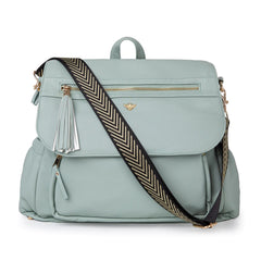 Bizzi Growin Lilli Changing Backpack (Vegan Leather - Mint) - showing the front of the backpack and the included detachable woven shoulder strap