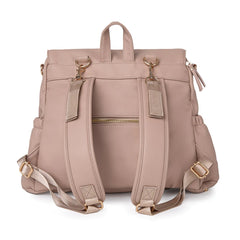 Bizzi Growin Lilli Changing Backpack (Vegan Leather - Frappe) - showing the backpack`s adjustable shoulder straps, carry handle and detachable hook-and-loops straps