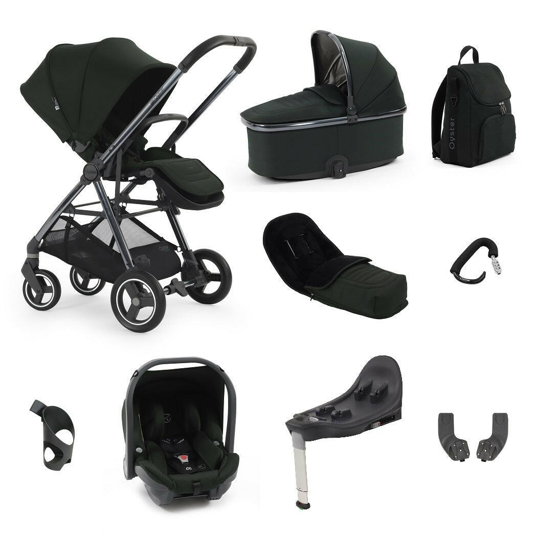BabyStyle Oyster Gravity+ Travel System 9-Piece - Black Olive - showing the included products
