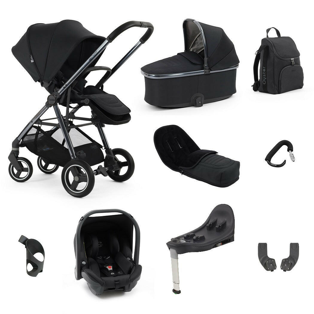 BabyStyle Oyster Gravity+ Travel System 9-Piece - Carbonite - showing the included products