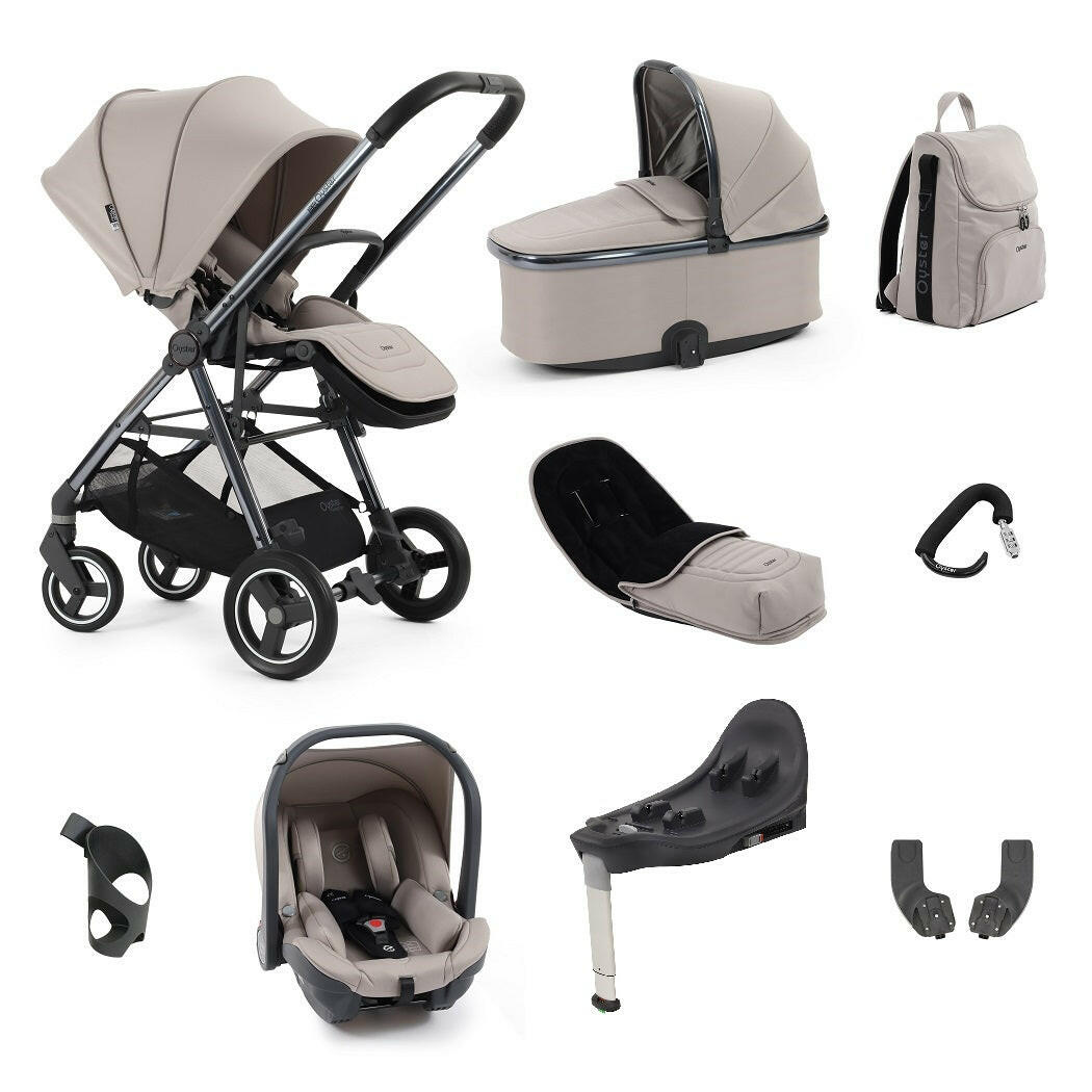 BabyStyle Oyster Gravity+ Travel System 9-Piece - Stone - showing the included products