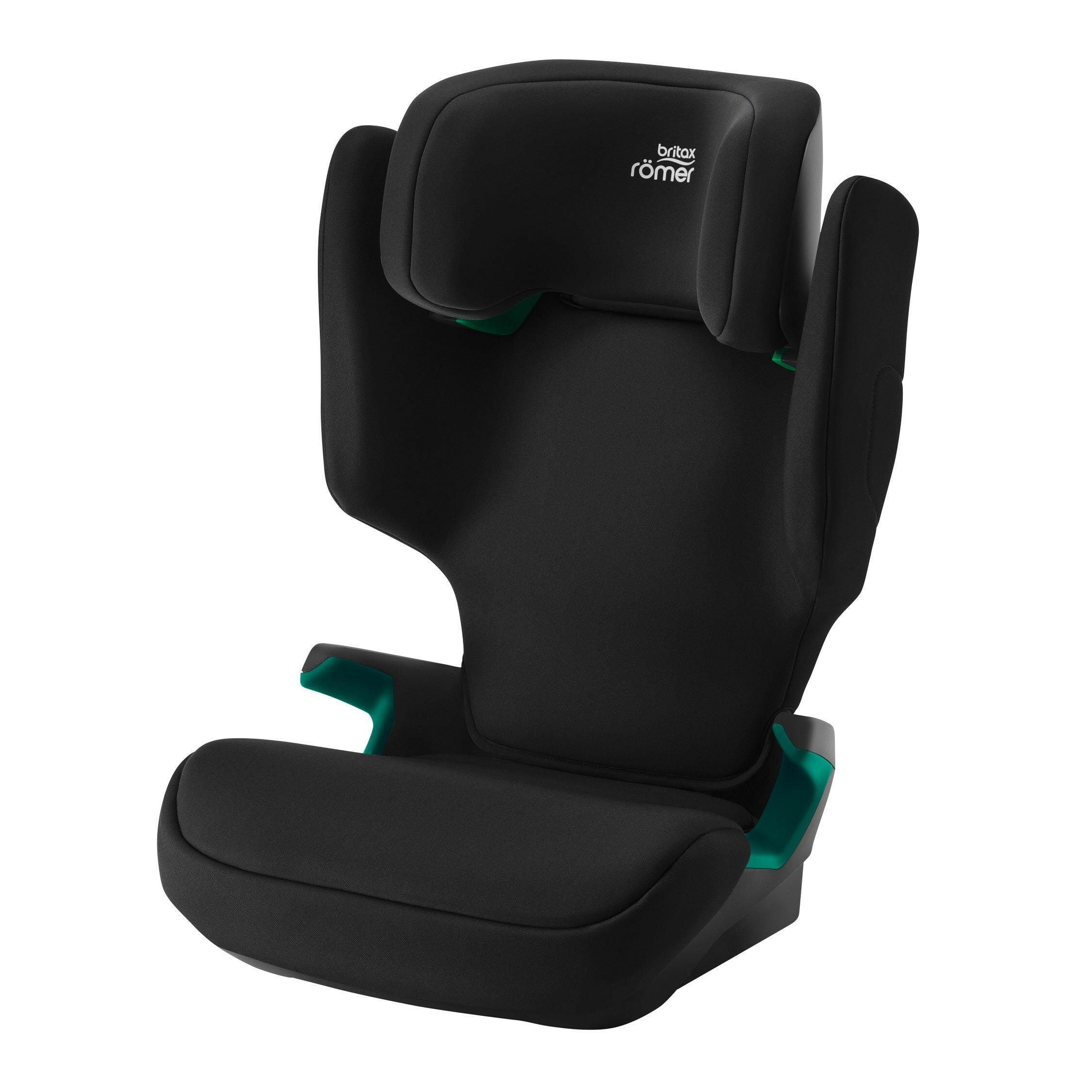 Britax Adventure Plus 2 i-Size Highback Booster Car Seat - Space Black - quarter view, with seat belt guides