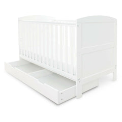 Ickle Bubba Coleby Classic Cot Bed & Under Drawer - White - front view, with drawer pulled forward