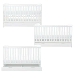 Ickle Bubba Coleby Classic Cot Bed & Under Drawer - White - side views, all three mattress heights