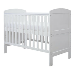 Ickle Bubba Coleby MINI Cot Bed - White - quarter view, mattress base at highest level