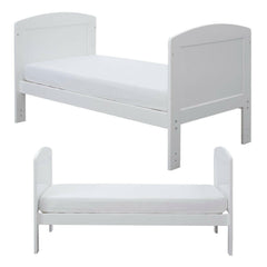 Ickle Bubba Coleby MINI Cot Bed - White - front and side views, toddler/junior bed