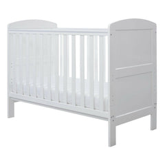 Ickle Bubba Coleby MINI Cot Bed - White - quarter view, mattress base at lowest level