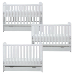 Ickle Bubba Coleby MINI Cot Bed & Under Drawer - White - side views, mattress base at all three levels