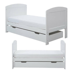 Ickle Bubba Coleby MINI Cot Bed & Under Drawer - White - quarter and side views, toddler/junior bed