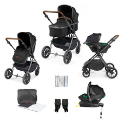 Ickle Bubba Cosmo All-in-One i-Size Travel System with ISOFIX Base - Black - showing the included products