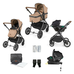 Ickle Bubba Cosmo All-in-One i-Size Travel System with ISOFIX Base - Desert - showing the included products