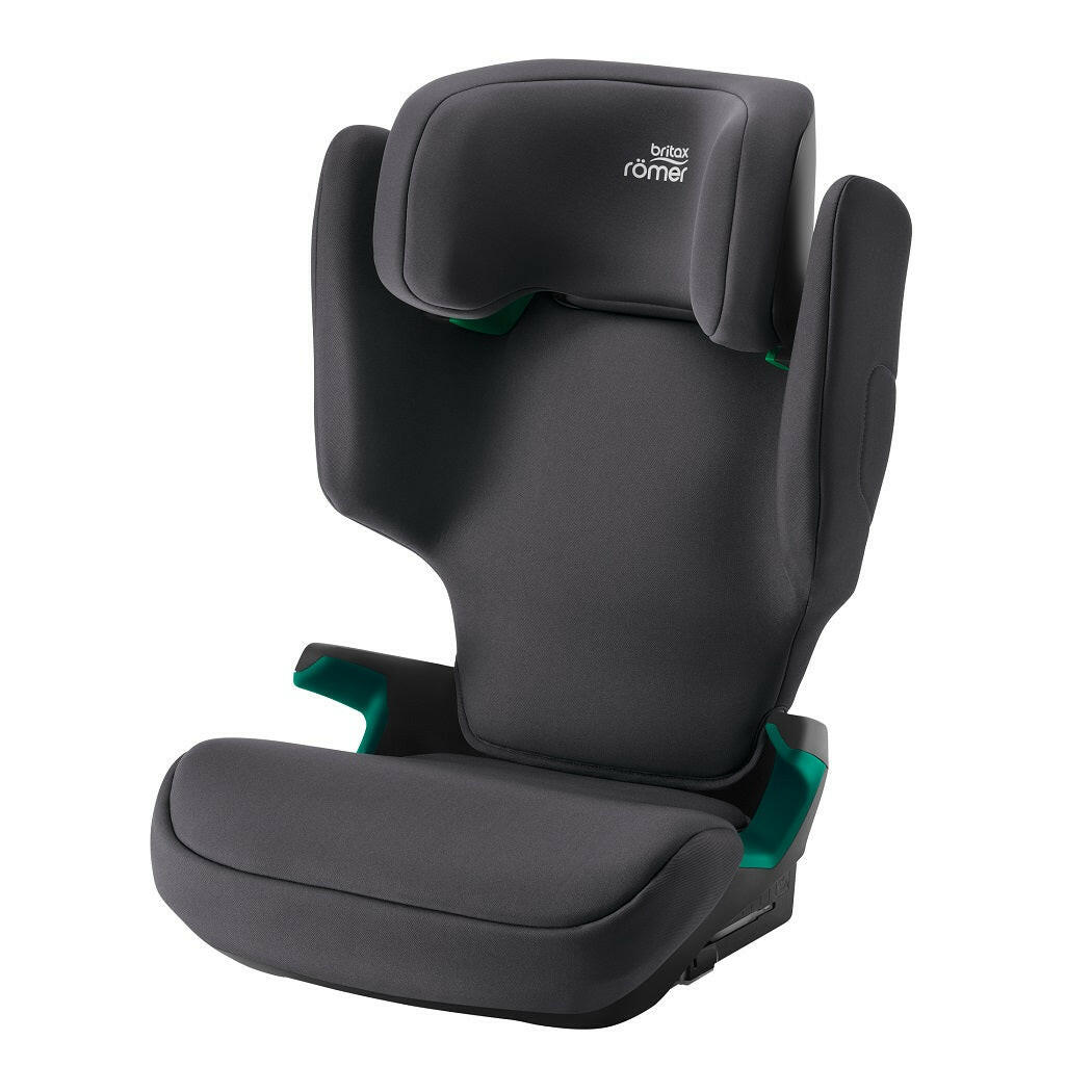 Britax Discovery Plus 2 i-Size Highback Booster Car Seat - Midnight Grey - quarter view, with seat belt guides