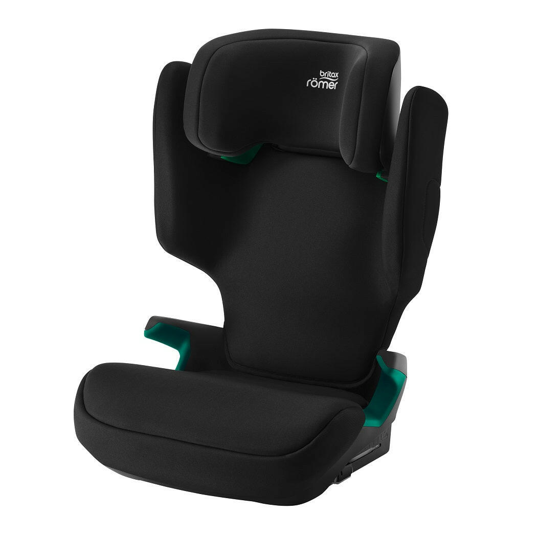 Britax Discovery Plus 2 i-Size Highback Booster Car Seat - Space Black - quarter view, with green seat belt guides