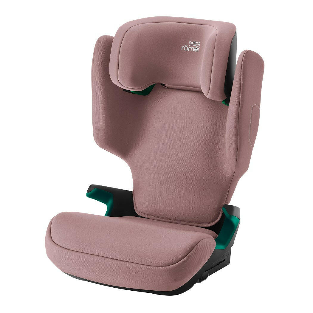 Britax Discovery Plus 2 i-Size Highback Booster Car Seat - Dusty Rose - quarter view, with seat belt guides