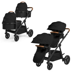 Ickle Bubba VIRGO Twin Pram Pushchair Bundle - Black, showing the chassis with two carrycots and two seat units