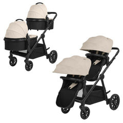 Ickle Bubba VIRGO Twin Pram Pushchair Bundle - Stone, showing the chassis with two carrycots and two seat units