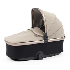 BabyStyle Oyster 3 Champagne LUXURY Bundle (Creme Brulee) - showing the carrycot with its hood and apron