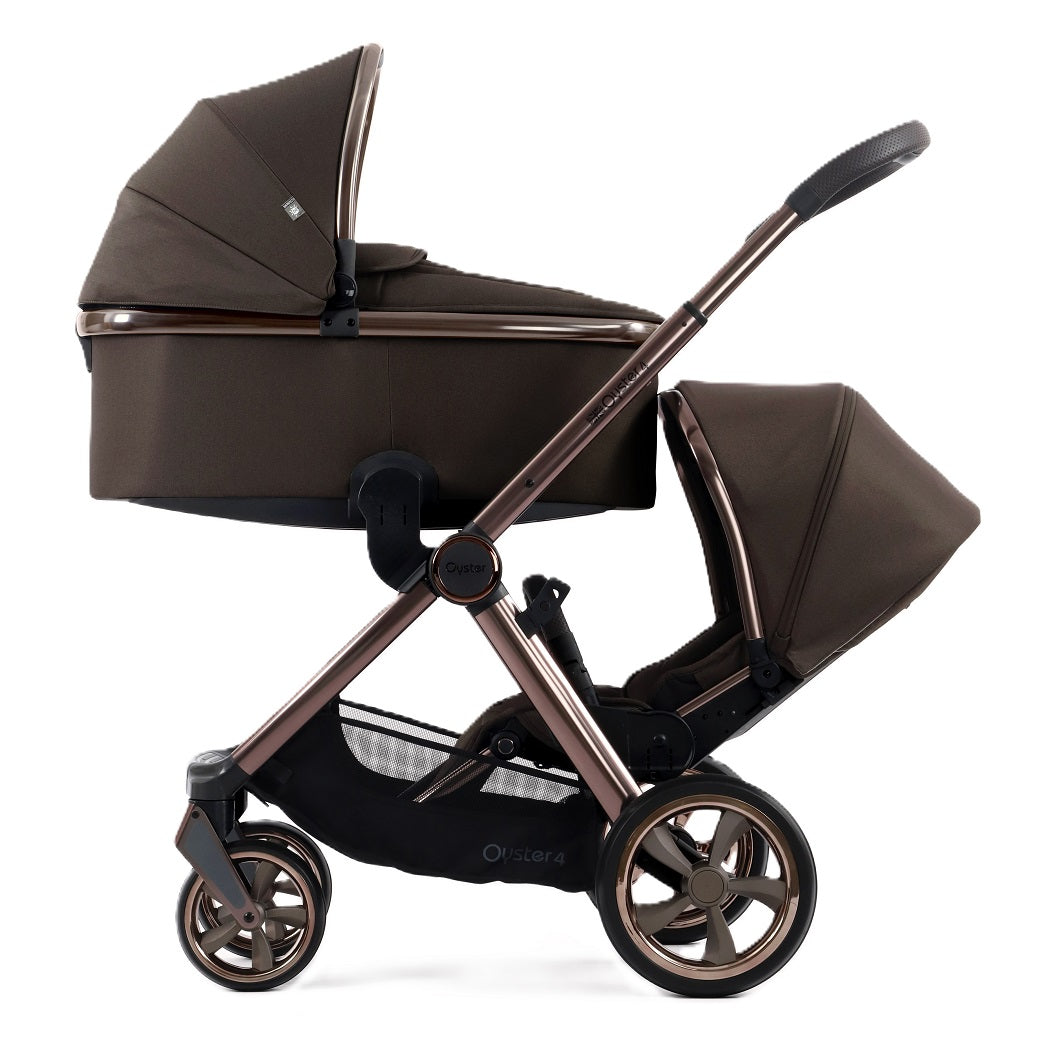 BabyStyle Oyster 4 Tandem Pushchair - Chocolate Velvet - with carrycot and seat unit