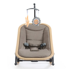 BabyStyle Oyster Rocker (Mink) - showing the rocker`s padded seat and safety harness