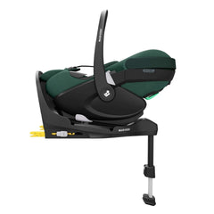 Maxi-Cosi Pebble 360 PRO & FamilyFix 360 PRO ISOFIX Base (Essential Green) - showing the car seat in its lie-flat position and fitted onto the base