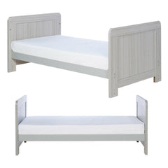 Ickle Bubba Pembrey Cot Bed - Ash Grey - front and side views, toddler/junior bed