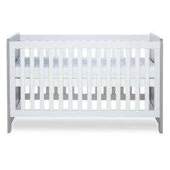 Ickle Bubba Pembrey Cot Bed - Ash Grey & White - side view, with mattress base at highest level
