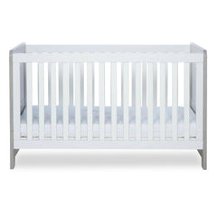 Ickle Bubba Pembrey Cot Bed - Ash Grey & White - side view, with mattress base at lowest level