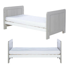 Ickle Bubba Pembrey Cot Bed - Ash Grey & White - front and side views, toddler/junior bed