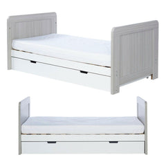 Ickle Bubba Pembrey Cot Bed & Drawer - Ash Grey & White - front and side views, toddler/junior bed