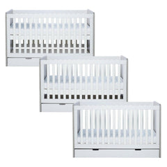 Ickle Bubba Pembrey Cot Bed & Drawer - Ash Grey & White - side views, mattress base at all three levels