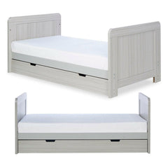 Ickle Bubba Pembrey Cot Bed & Drawer - Ash Grey - front and side views, toddler/junior bed