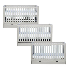 Ickle Bubba Pembrey Cot Bed & Drawer - Ash Grey - side views, mattress base at all three levels