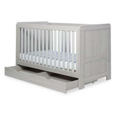 Ickle Bubba Pembrey Cot Bed & Drawer - Ash Grey - quarter view, with under drawer pulled out