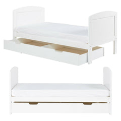Ickle Bubba Coleby Scandi Classic Cot Bed & Under Drawer - White - front and side views, junior bed with drawer