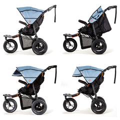 Out n About Nipper v5 Baby Pushchair (Rocksalt Grey) - side views of the pushchair showing the hood extended and its sun visors