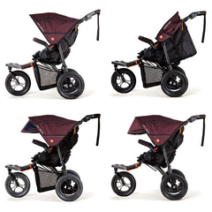 Out n About Nipper v5 Baby Pushchair (Brambleberry Red) - side views of the pushchair showing the hood extended and its sun visors
