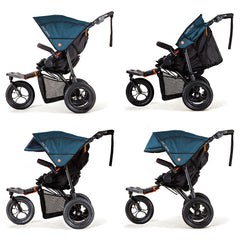 Out n About Nipper v5 Baby Pushchair (Highland Blue) - side views of the pushchair showing the hood extended and its sun visors