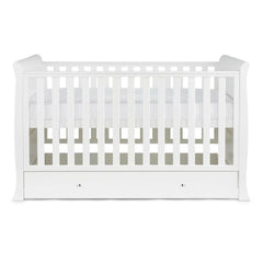 Ickle Bubba Snowdon Classic Cot Bed & Drawer - White - side view, with mattress base at highest level