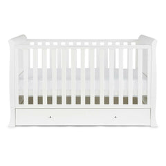 Ickle Bubba Snowdon Classic Cot Bed & Drawer - White - side view, with mattress base at middle level
