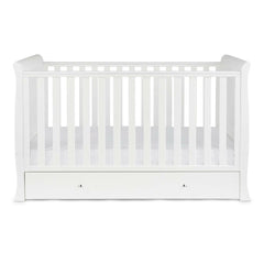Ickle Bubba Snowdon Classic Cot Bed & Drawer - White - side view, with mattress base at lowest level