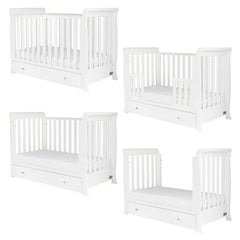 Ickle Bubba Snowdon MINI 4-in-1 Cot Bed & Drawer - White - quarter view, four different configurations