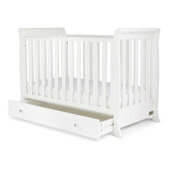Ickle Bubba Snowdon MINI 4-in-1 Cot Bed & Drawer - White - quarter view, with under drawer opened