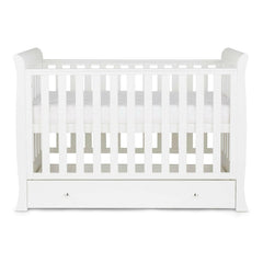 Ickle Bubba Snowdon MINI 4-in-1 Cot Bed & Drawer - White - side view, with mattress base at highest level