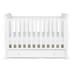 Ickle Bubba Snowdon MINI 4-in-1 Cot Bed & Drawer - White - side view, with mattress base at middle level